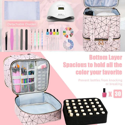 30 Grids PU Nylon Makeup Bag Double Layer Handbag Manicure Bag with Handle Professional Nail Case Travel Cosmetic Organizer Bag