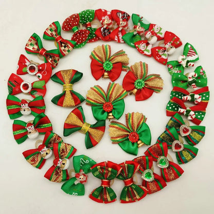 50pcs Christmas Dog Bowknot Cat Hair Bows with Rubber Band Santa Claus Decoration Small Dog Pet Accessories