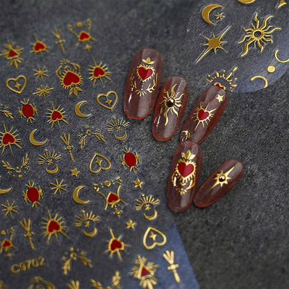 8Pcs Red Heart Nail Stickers 3D Bronzing Silver Gold Heart Shape Star & Moon Metal Totem Nail Slider Self-Adhesive DIY Nail Art*