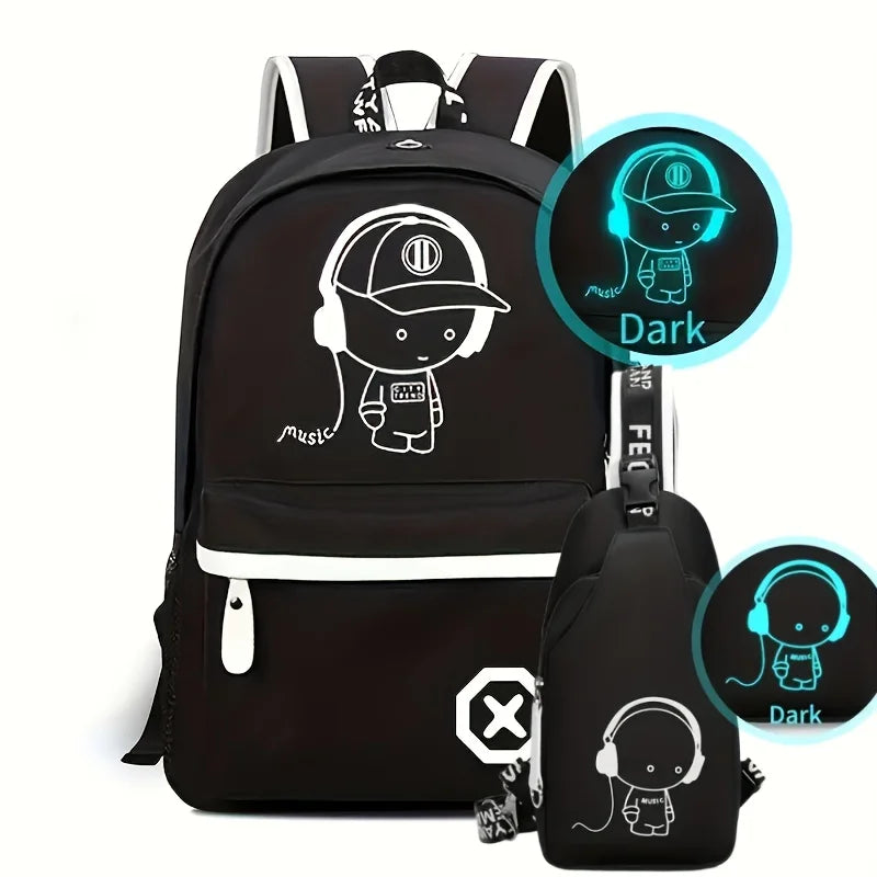 2pc Luminous Student Backpack Set Leisure Shoulder Bag Chest Bag Lightweight Large Capacity Schoolbag Travel Bag with USB Socket