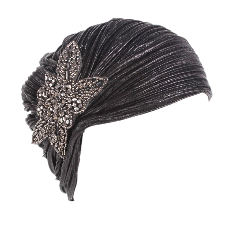 New Women Gold Silver Turban Hats Chemo Bandana Hijab Pleated Indian Cap Turbante Hat Ladies Hair Loss Headscarf Muslim Headwear