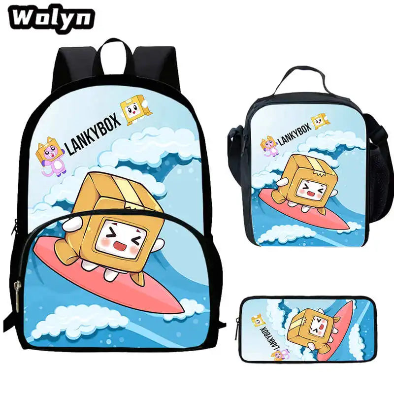 3Pcs Set LankyBox School Backpacks with Lunch Bag Pencil Case,Cartoon Large Capacity School Bags for Grade 1-4,Mochila for Pupil