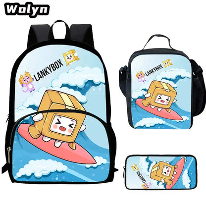 3Pcs Set LankyBox School Backpacks with Lunch Bag Pencil Case,Cartoon Large Capacity School Bags for Grade 1-4,Mochila for Pupil