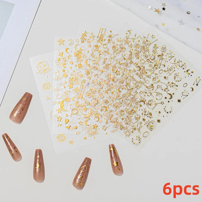 8Pcs Red Heart Nail Stickers 3D Bronzing Silver Gold Heart Shape Star & Moon Metal Totem Nail Slider Self-Adhesive DIY Nail Art*