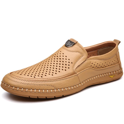 Men Casual Summer Footwear Breathable Mens Leisure Walk Loafers Genuine Leather Moccasins Hollow Out Slip on Male Driving Shoes