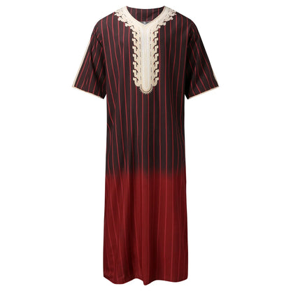 Men Muslim Summer Fashion Loose Robe Islam Kaftan Men Clothing Dubai Luxury Muslim Abaya Muslim V-neck Short Sleeve Printing