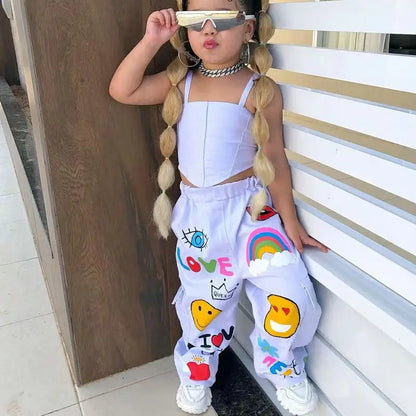 1-8Years Kids Clothing Sets Outfits for Girls 2024 Summer New Children Sleeveless Crop Tops+Pants Love Print Clothes Outfits