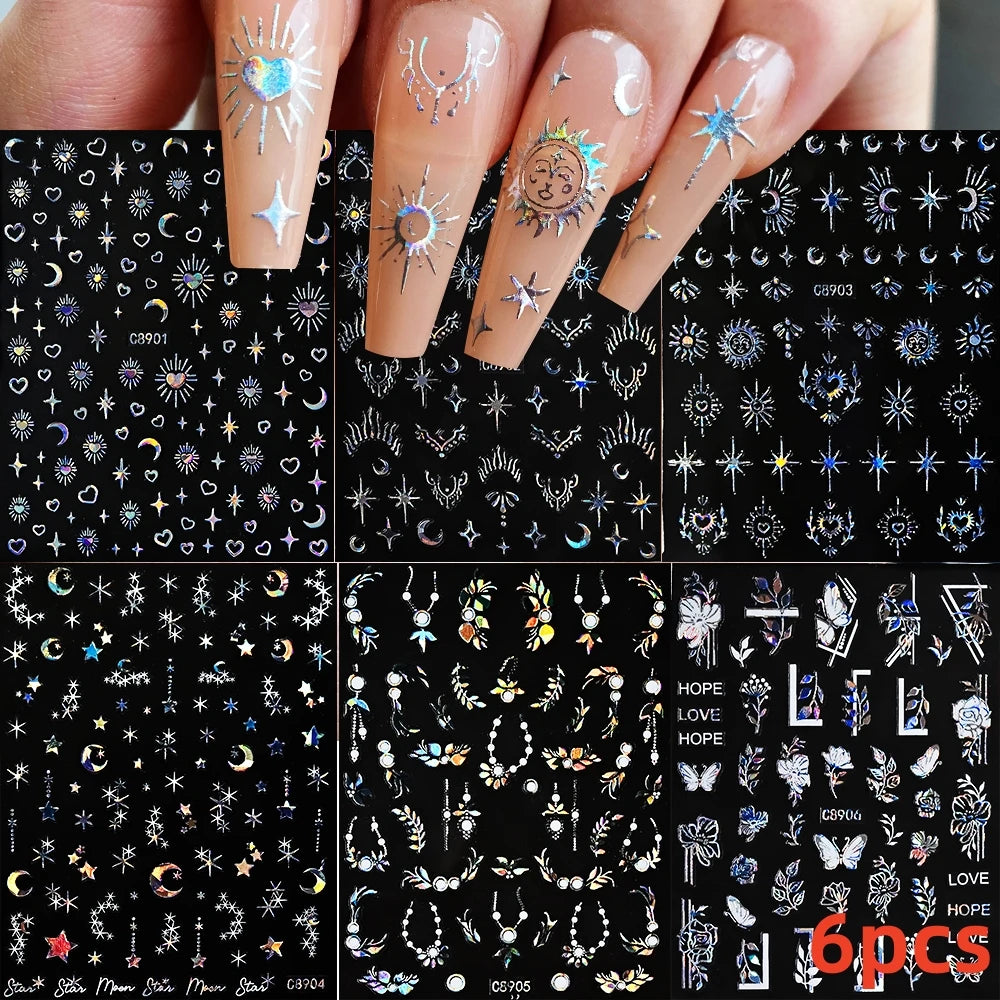 8Pcs Red Heart Nail Stickers 3D Bronzing Silver Gold Heart Shape Star & Moon Metal Totem Nail Slider Self-Adhesive DIY Nail Art*