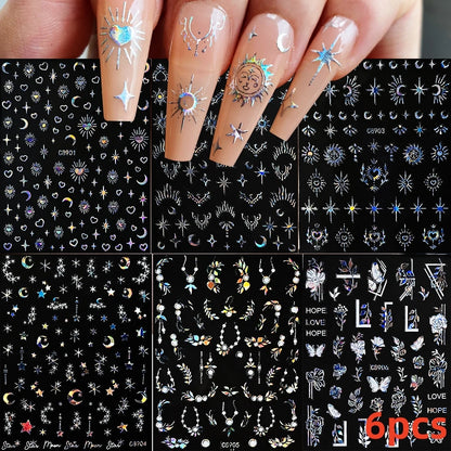 8Pcs Red Heart Nail Stickers 3D Bronzing Silver Gold Heart Shape Star & Moon Metal Totem Nail Slider Self-Adhesive DIY Nail Art*