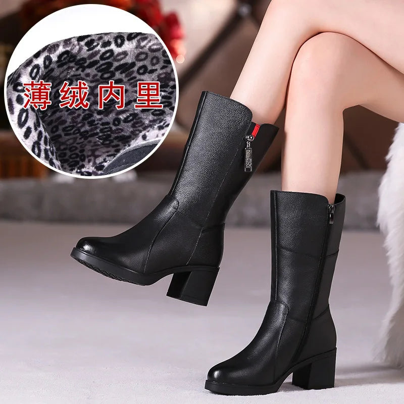 GKTINOO Women Mid-Calf Boots Winter Warm Side Zipper High Heel Booties Genuine Leather Platform Mother Shoes Female Footwear