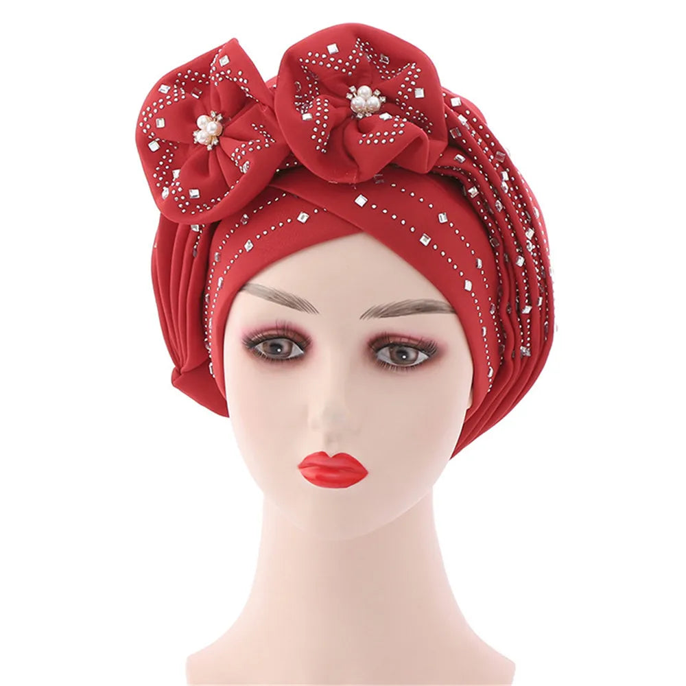 Fashion African Autogele Headtie Nigeria Party Headgear Women Head Wraps Female Turban Cap with Diamonds