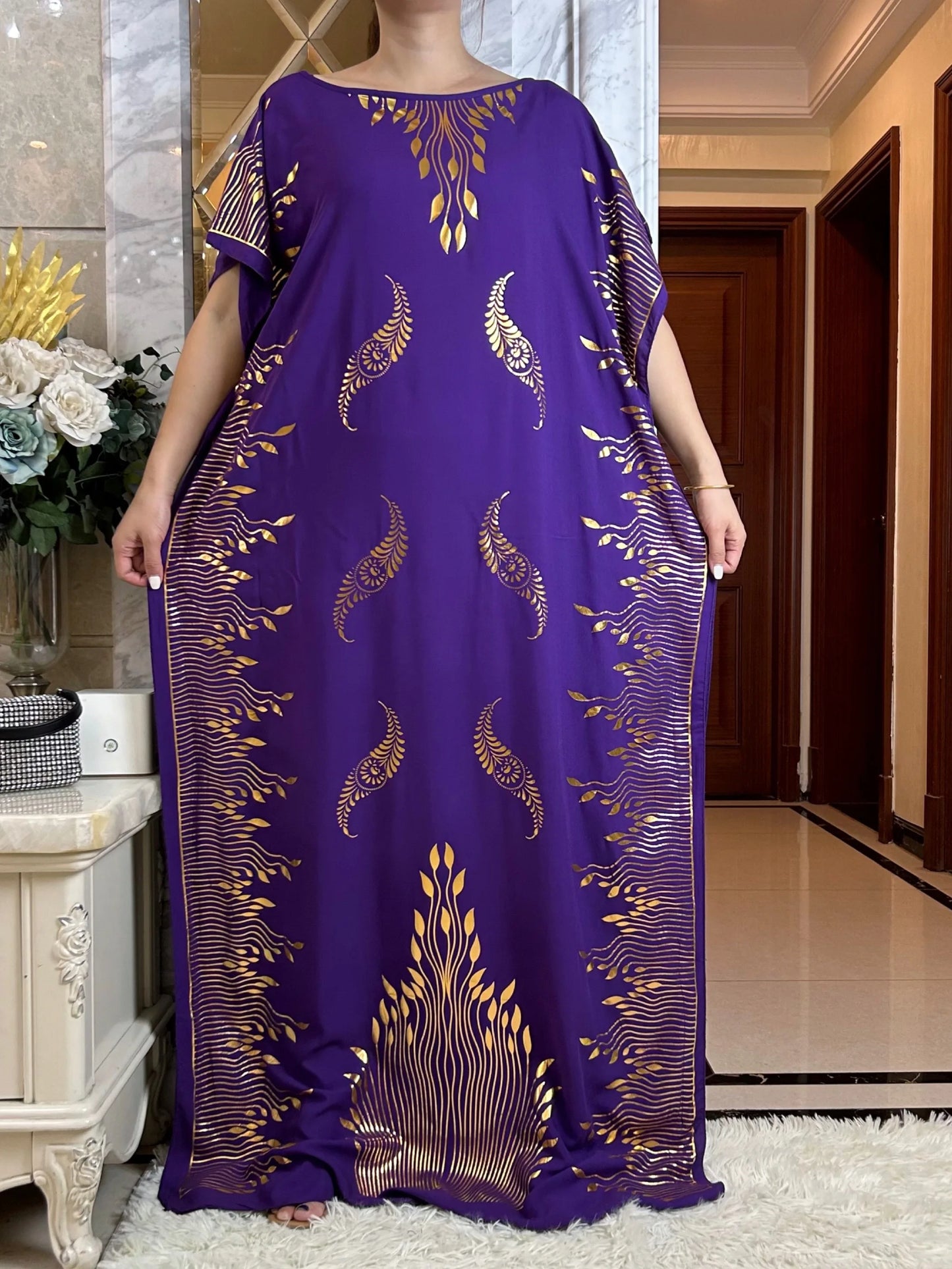 2024 Summer Short sleeve Dress Pure Cotton Gold Stamping Loose Abaya Maxi Islam Dress With Tassels Big Scarf African Long Dress