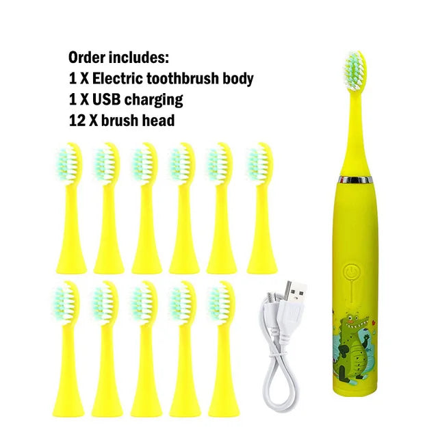 Children Sonic Electric Toothbrush Automatic Waterproof IPX7 Cleaning Brush Cartoon Kids With 12pcs Replacement Brush Heads