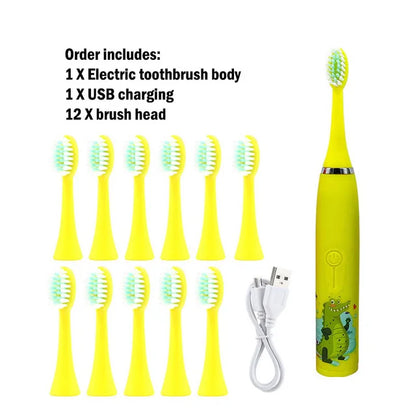 Children Sonic Electric Toothbrush Automatic Waterproof IPX7 Cleaning Brush Cartoon Kids With 12pcs Replacement Brush Heads