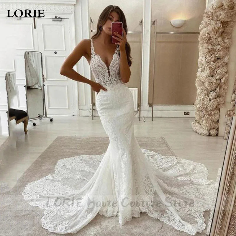 LORIE Lace Mermaid Wedding Dresses Spaghetti Strap Soft Tulle Bridal Gowns Sleeveless Vintage Country Wedding Gown Customized