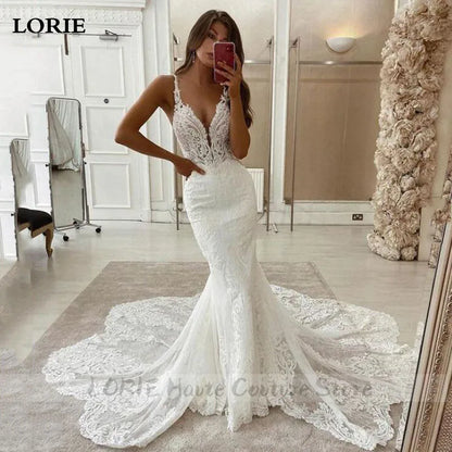 LORIE Lace Mermaid Wedding Dresses Spaghetti Strap Soft Tulle Bridal Gowns Sleeveless Vintage Country Wedding Gown Customized