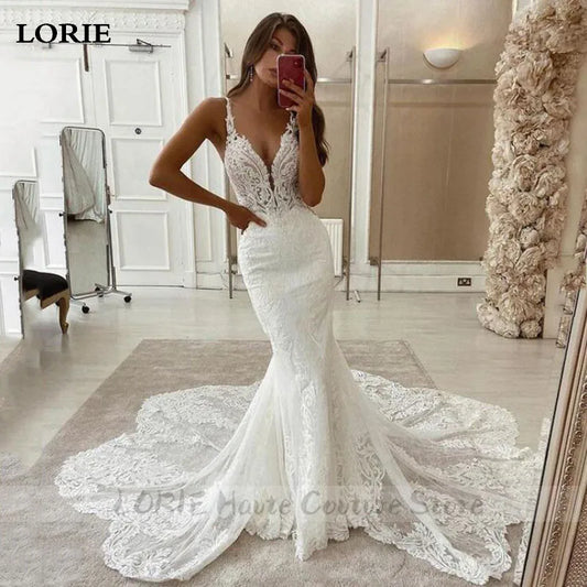 LORIE Lace Mermaid Wedding Dresses Spaghetti Strap Soft Tulle Bridal Gowns Sleeveless Vintage Country Wedding Gown Customized