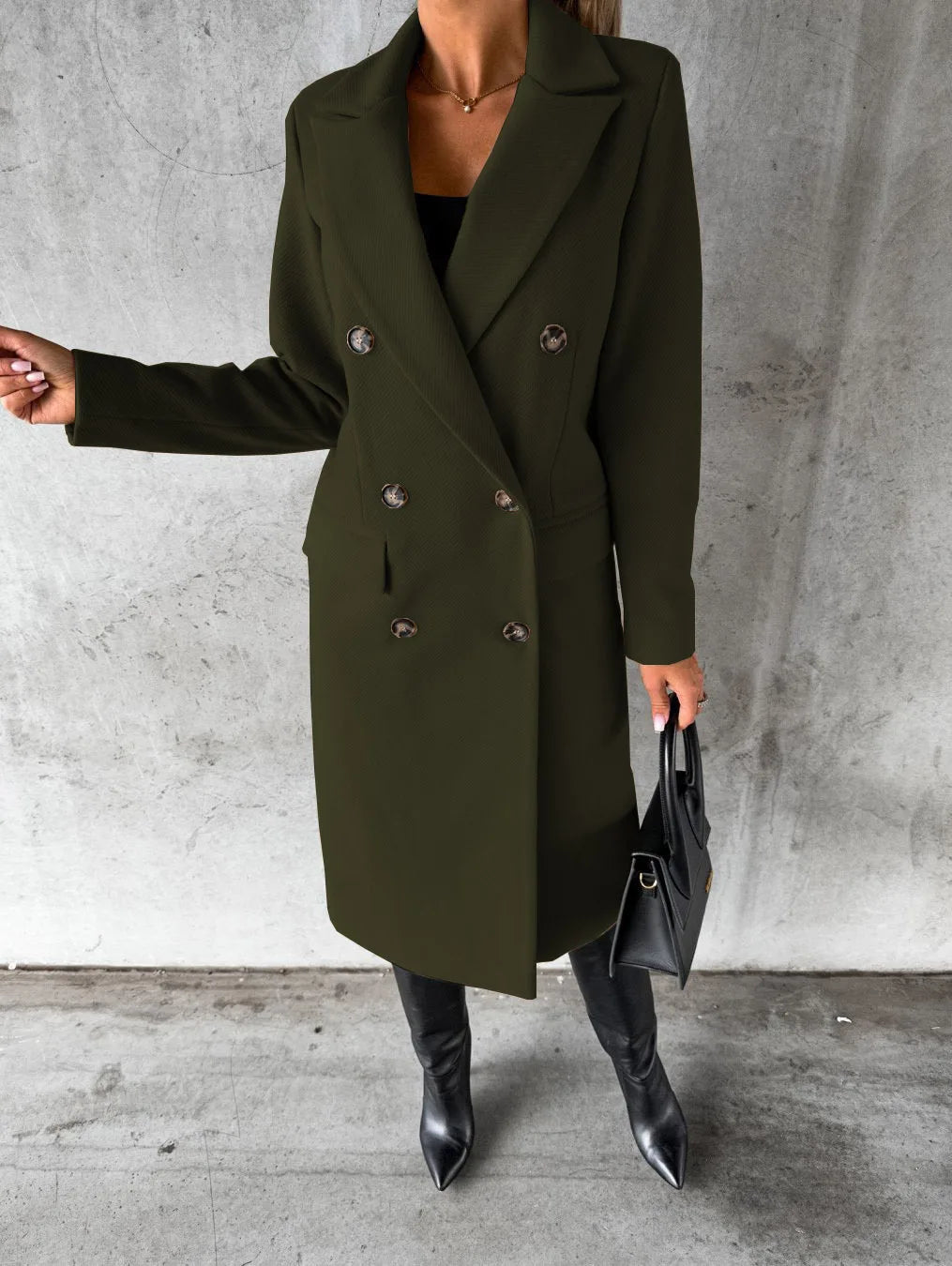 Women's Spring Style New Set Versatile Woolen Coat Solid Color Long Sleeve Double breasted Insert Pocket