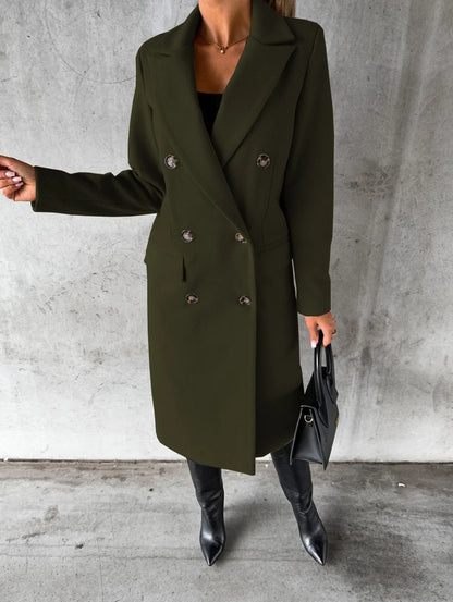 Women's Spring Style New Set Versatile Woolen Coat Solid Color Long Sleeve Double breasted Insert Pocket
