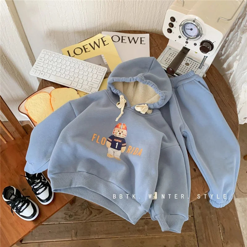 Kids Sweatshirt Sets Autumn Winter Thick Warm Outfits Boys Girls Bear Print Pullover+Pants 2Pcs Baby Causal Long Sleeve Suits