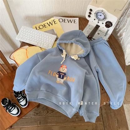 Kids Sweatshirt Sets Autumn Winter Thick Warm Outfits Boys Girls Bear Print Pullover+Pants 2Pcs Baby Causal Long Sleeve Suits