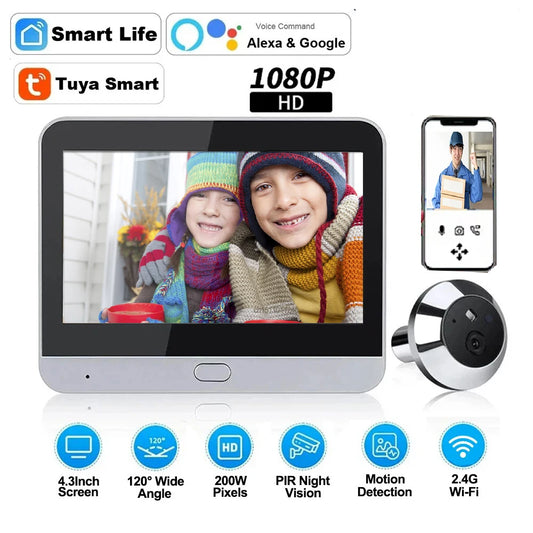 4.3 Inch WiFi Peephole Tuya Smart 1080P WiFi Peephole Video Camera Home Security Night Vision Video Doorbell