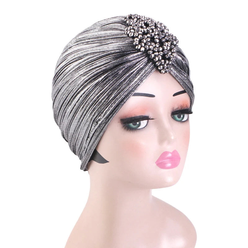 New Women Gold Silver Turban Hats Chemo Bandana Hijab Pleated Indian Cap Turbante Hat Ladies Hair Loss Headscarf Muslim Headwear
