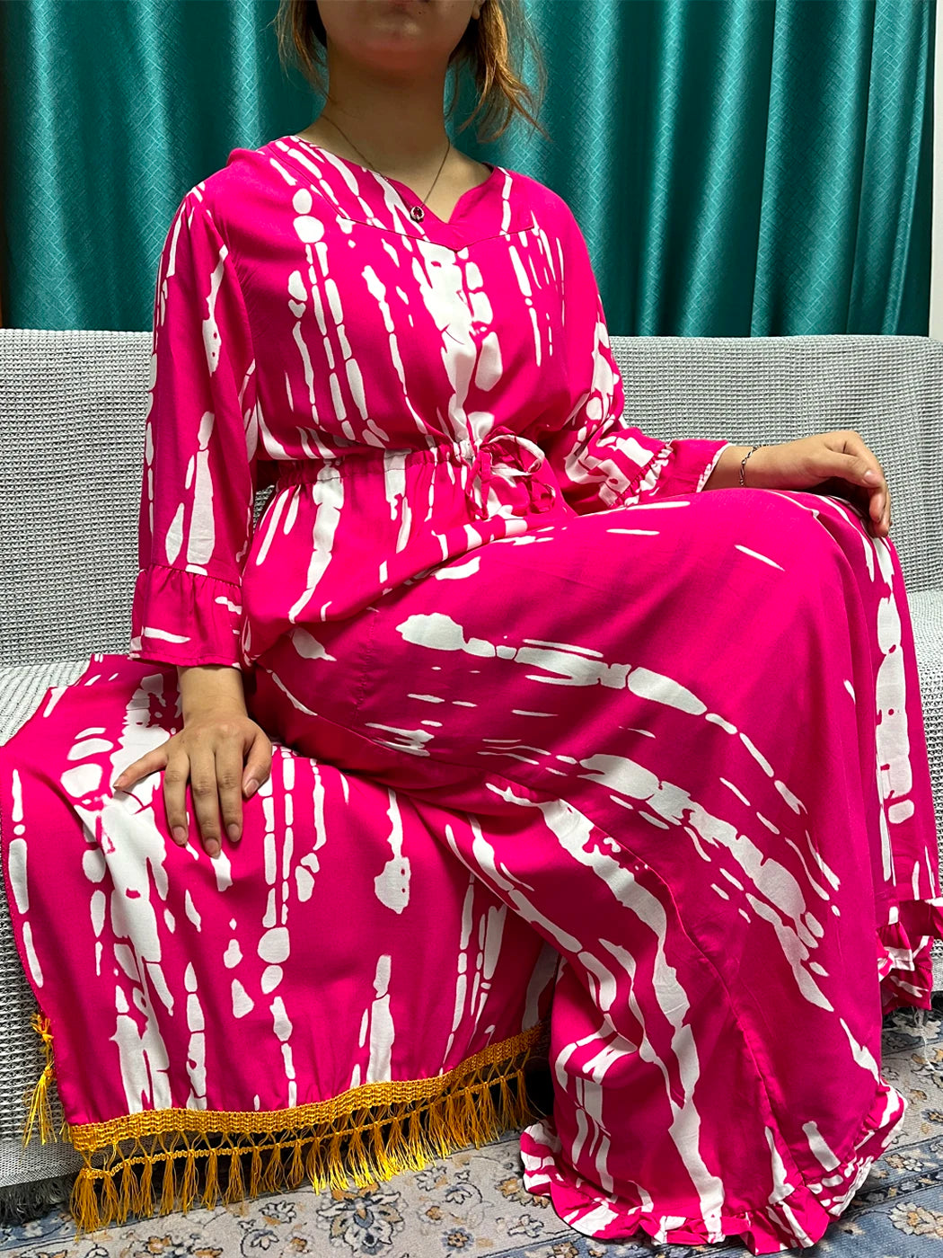 2024 Cotton Abayas For Women Islam Printed Long Sleeves Loose Fit Femme Robe Muslim Two Piece Abaya Set With Tassel Hijabscarf