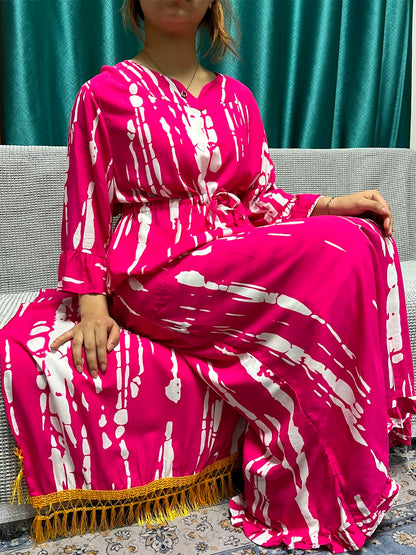 2024 Cotton Abayas For Women Islam Printed Long Sleeves Loose Fit Femme Robe Muslim Two Piece Abaya Set With Tassel Hijabscarf