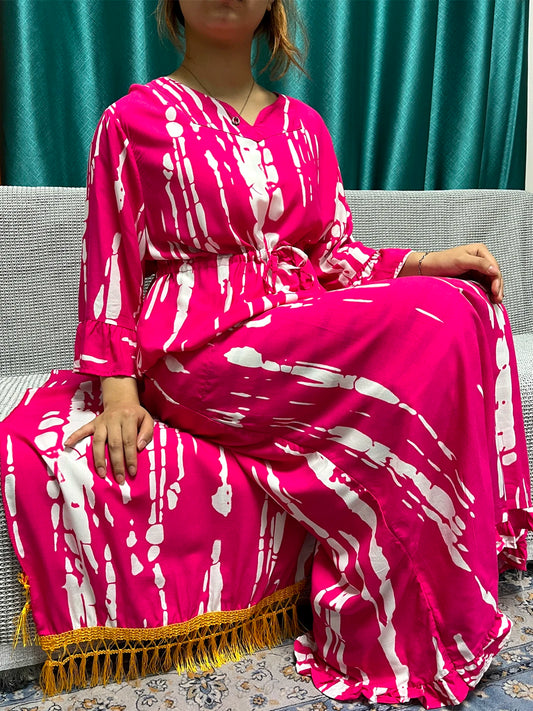 2024 Cotton Abayas For Women Islam Printed Long Sleeves Loose Fit Femme Robe Muslim Two Piece Abaya Set With Tassel Hijabscarf