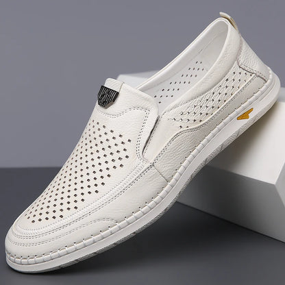 Men Casual Summer Footwear Breathable Mens Leisure Walk Loafers Genuine Leather Moccasins Hollow Out Slip on Male Driving Shoes