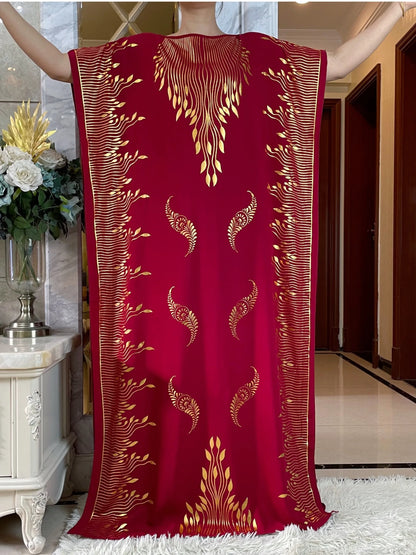 2024 Summer Short sleeve Dress Pure Cotton Gold Stamping Loose Abaya Maxi Islam Dress With Tassels Big Scarf African Long Dress