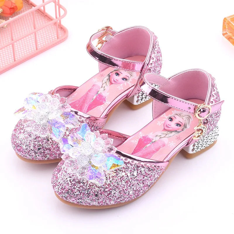 Disney Princess Frozen Elsa Kids Leather For Girls Crystal Pillar Casual Glitter Children High Heel Party Dress Shoes