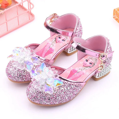 Disney Princess Frozen Elsa Kids Leather For Girls Crystal Pillar Casual Glitter Children High Heel Party Dress Shoes
