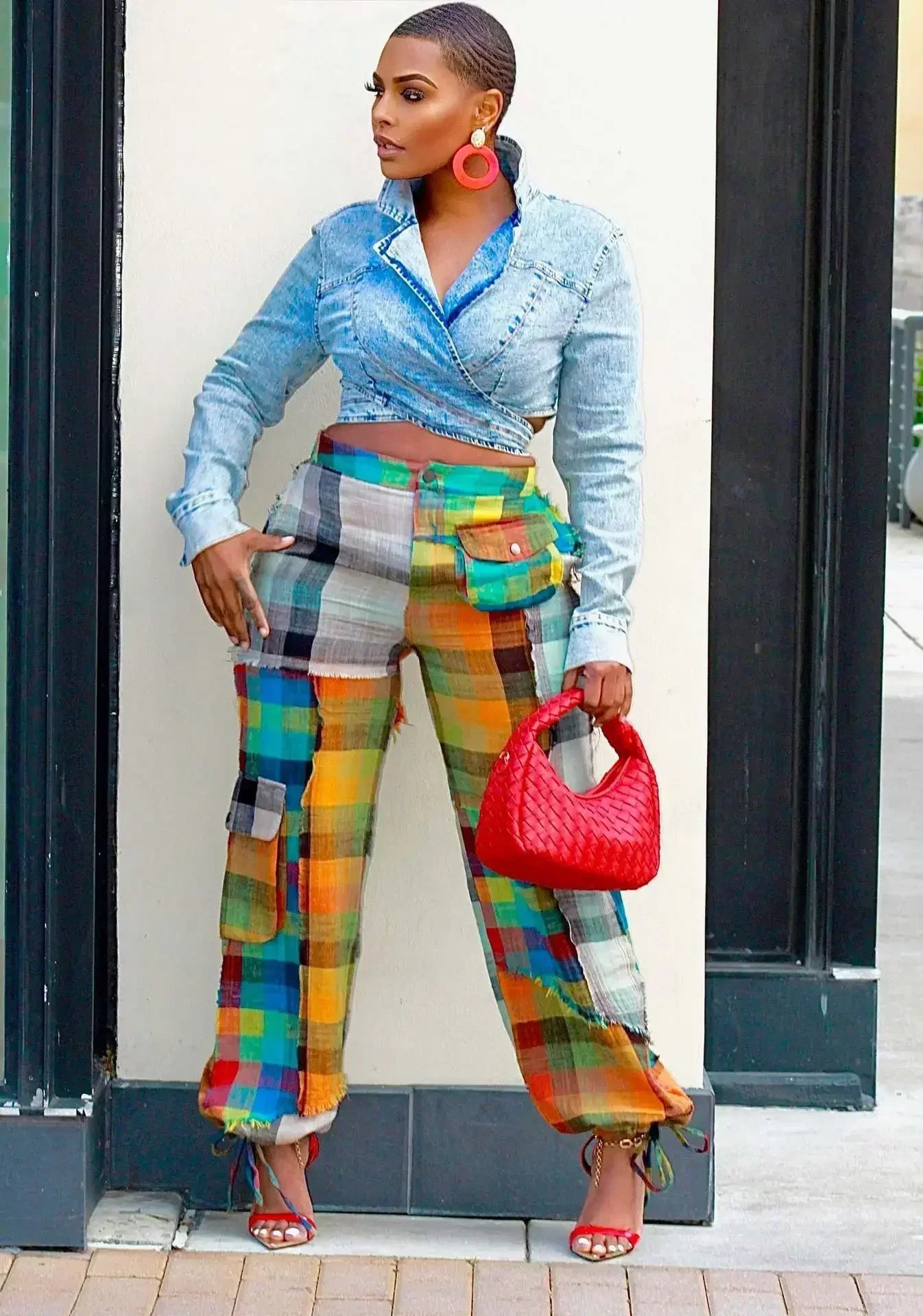 CM.YAYA Women 3D Plaid Printed Multi Pocket Drawstring Hem Straight Cargo Pants 2023 New Fashion Safari Style Trousers