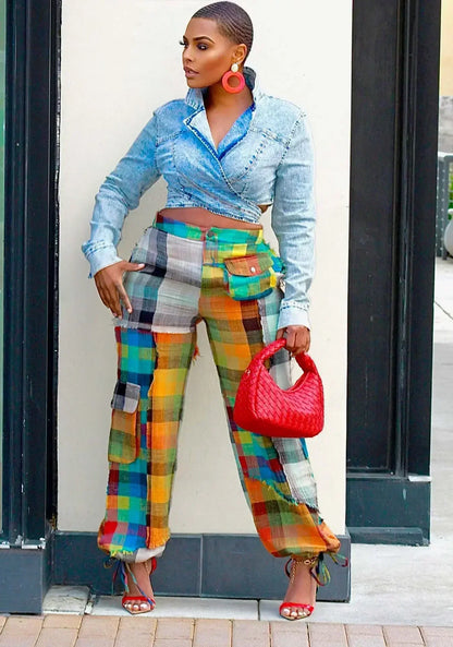 CM.YAYA Women 3D Plaid Printed Multi Pocket Drawstring Hem Straight Cargo Pants 2023 New Fashion Safari Style Trousers
