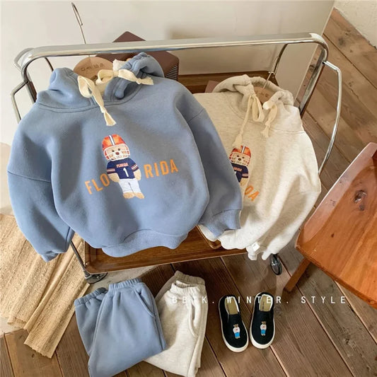 Kids Sweatshirt Sets Autumn Winter Thick Warm Outfits Boys Girls Bear Print Pullover+Pants 2Pcs Baby Causal Long Sleeve Suits