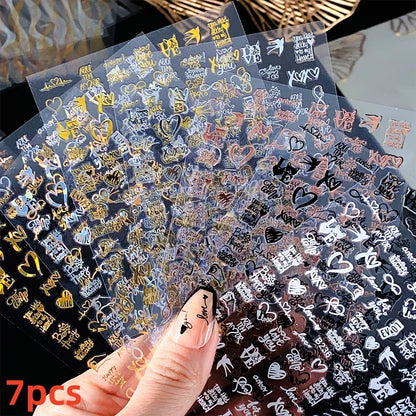 8Pcs Red Heart Nail Stickers 3D Bronzing Silver Gold Heart Shape Star & Moon Metal Totem Nail Slider Self-Adhesive DIY Nail Art*