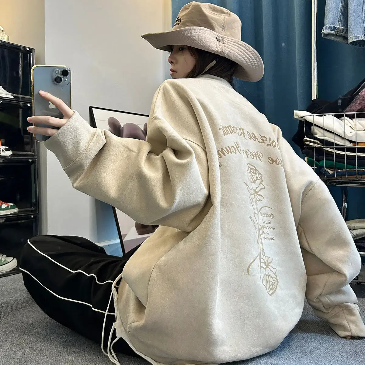 Autumn and winter American retro suede loose couple round neck loose sweatshirt for men and women lazy style and versatile y2k