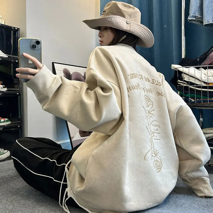 Autumn and winter American retro suede loose couple round neck loose sweatshirt for men and women lazy style and versatile y2k