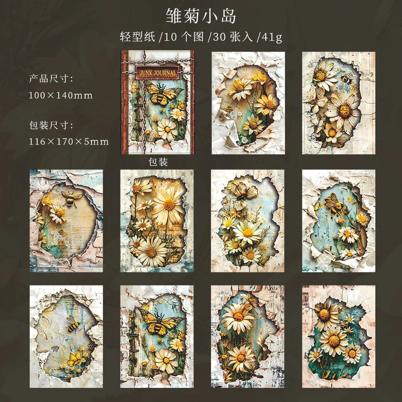 Mr. Paper, 6 Styles, 30 Sheets Each, with Torn Style Material Paper, Retro Art DIY Handmade Decorative Card Paper