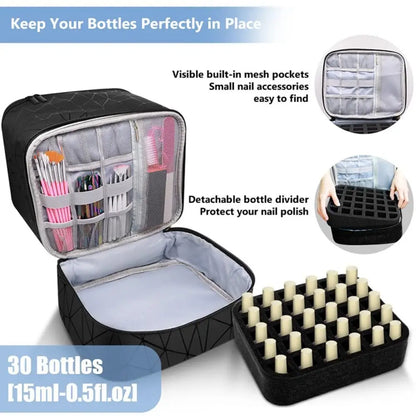 30 Grids PU Nylon Makeup Bag Double Layer Handbag Manicure Bag with Handle Professional Nail Case Travel Cosmetic Organizer Bag