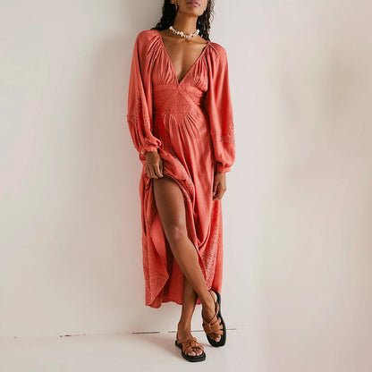 Imcute Women's V Neck Lace Patchwork Boho Cutout Loose Swing Long Sleeve Tie Waist Cocktail Wedding Party Maxi Spring Fall Dress