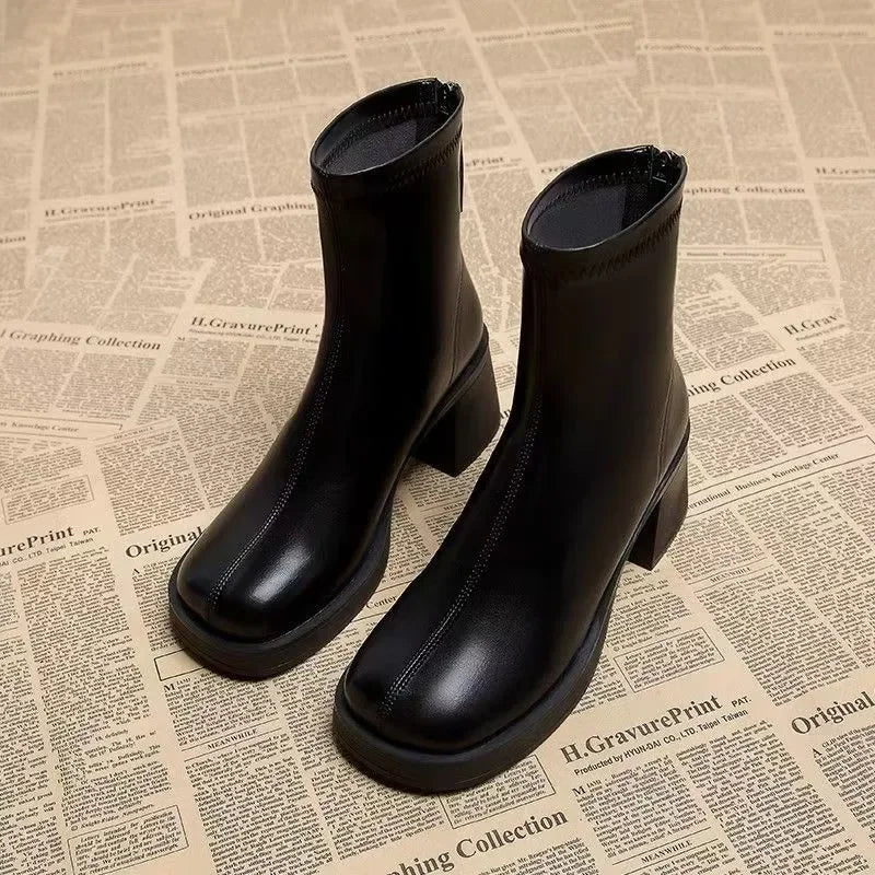 Black Women's Ankle Boots Fashion Back Zippers Short Square Heel Women Shoes Anti-slip Thick Sole Leisure Daily Commute Boots
