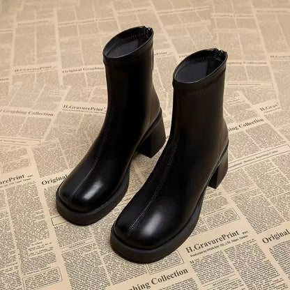 Black Women's Ankle Boots Fashion Back Zippers Short Square Heel Women Shoes Anti-slip Thick Sole Leisure Daily Commute Boots