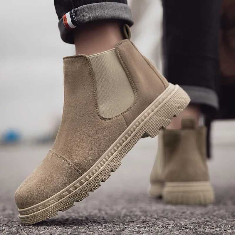 Classic Fashion Khaki Men's Ankle Boots Comfortable Platform Work Boots Men Slip-on High-top Shoes Casual Men Botas Para Hombre
