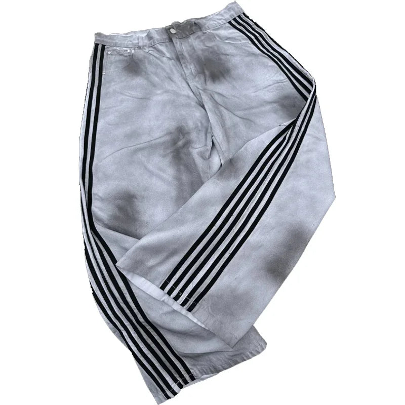 Y2K Cotton Sweatshirt clothes Two Piece streetwear high quality Striped Embroidery Baggy Jeans Net Red Fashion Tide Hoodie Set