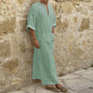 2023 New Men Jubba Thobe Kaftan Muslim Arab Islamic V-neck Short Sleeve Solid Cotton Linen Robes Muslim Fashion Arabia Man abaya