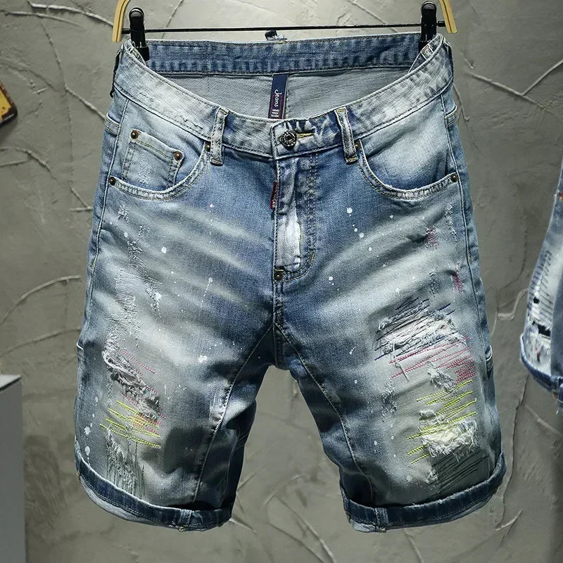 New Summer Men Blue Denim Shorts Italian Style Male Shorts Jeans High Quality Male Stretch Fit Ripped Denim Jeans Shorts Size 38