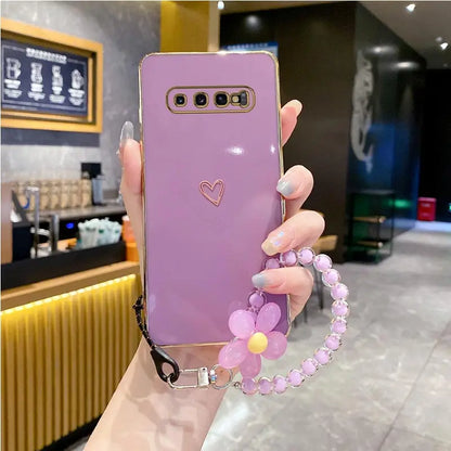S 10 8 9 Love Heart Flower Strap Case On For Samsung Galaxy S10 S9 S8 Plus S 10plus s9 s8plus s10 s 8 s 9plus s9 Cover s10plus